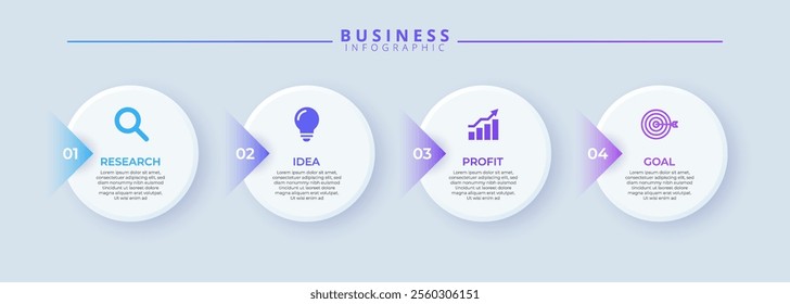 Infographic chart 4 step process, ideal for presenting business startup concepts. Features clean, minimalistic design with thin line icons.