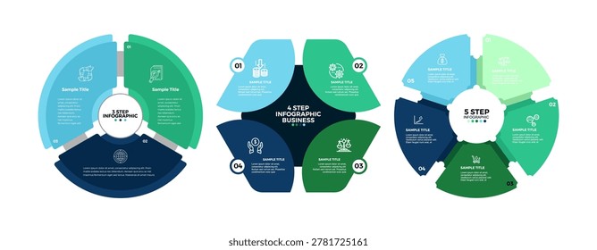 Infographic chart diagram circle set with 3, 4, and 5 options, for process presentation templates or business reports. Editable vector illustration