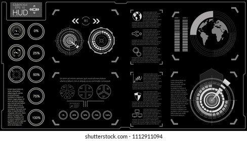 Infographic and chart elements for futuristic design. Space subjects. Black and white background. Vector file.