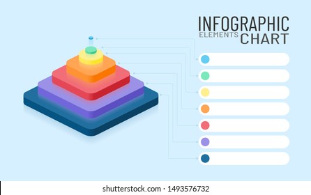 Infographic chart elements. Isometric business 3d colored pyramid with place for decryption. Vector company graphic illustration. Marketing 7 levels diagram flowchart. Web site background.