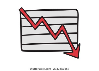 Gráfico de infografía caída de negocios hacia abajo icono de flecha doodle dibujado a mano. línea de dibujos animados de colores Clipart símbolo busto de negocios. Ilustración vectorial