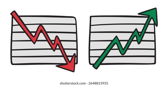 gráfico de infográfico queda e ascensão negócio seta para cima e para baixo ícone doodle mão desenhada. desenho colorido desenho linha clipart símbolo business bust and boom . Ilustração vetorial