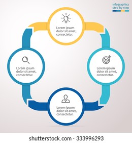 Infographic, chart, graph, diagram with 4 steps, options, parts, processes with arrows. Vector business template in blue and yellow for presentation.