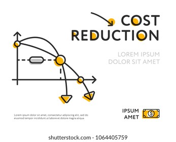 Infographic chart with lowering arrows showing cost reduction in poster on white. 