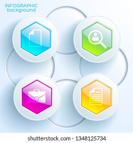 Infographic chart template with four colorful glossy hexagonal buttons light circles and business icons vector illustration