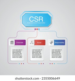 infographic chart with three steps. CSR – Corporate Social Responsibility concept vector icons set background.