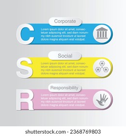 infographic chart with three steps. CSR – Corporate Social Responsibility concept vector icons set background.