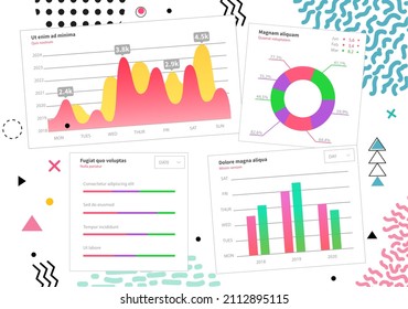 Plantilla vectorial de gráfico de infografía. Diseño gráfico anual de curvas estadísticas. Diagramas de datos de mercado. Visualización y análisis de información gráfica. Indicadores estadísticos y frecuencia de los cambios en los datos