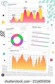 Plantilla vectorial de gráfico de infografía. Diseño gráfico anual de curvas estadísticas. Diagramas de datos de mercado. Visualización y análisis de información gráfica. Indicadores estadísticos y frecuencia de los cambios en los datos