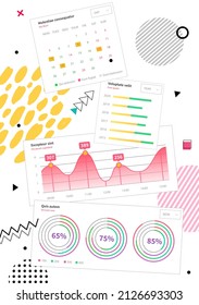 Infografik, Vektorvorlage. Entwurf der jährlichen Statistik-Kurve. Marktdatendiagramme. Visualisierung und Analyse grafischer Informationen. Statistische Indikatoren und Häufigkeit von Datenänderungen