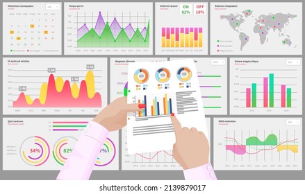 Infografik, Vektorvorlage. Entwurf der jährlichen Statistik-Kurve. Marktdatendiagramme. Visualisierung und Analyse grafischer Informationen. Statistische Indikatoren und Häufigkeit von Datenänderungen