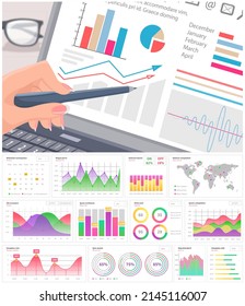 Infographic chart vector template. Annual statistics curve graph design. Market data diagrams. Graphic information visualization and analysis. Statistical indicators and frequency of data changes