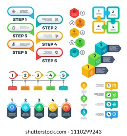 Infographic charts. Bar graphs, steps and options elements, flowchart diagrams and timeline. Useful vector set. Illustration of process step numbered, visualization option workflow