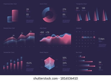 Gráficos infográficos para diseño de negocio, plantilla de presentación e informe financiero. Visualización de datos con diagramas de stock, barras estadísticas y gráficos.