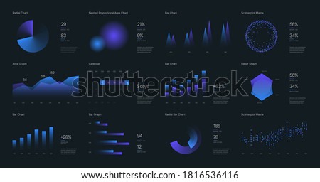 Infographic charts for business layout, presentation template and finance report. Data visualization with stock diagrams, statistic bars and charts.