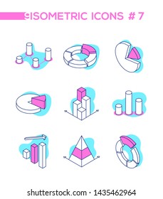 Infographic charts and diagrams - set of vector isometric elements isolated on white background. Quality pink, blue line design style images of different graphs. Business analytics, statistics concept
