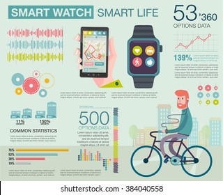 Infographic with charts, icons, diagrams. How people use smartwatch and smartphone. Modern technology equipment for monitoring health. Man on bike go to work. Vector illustration, flat modern style