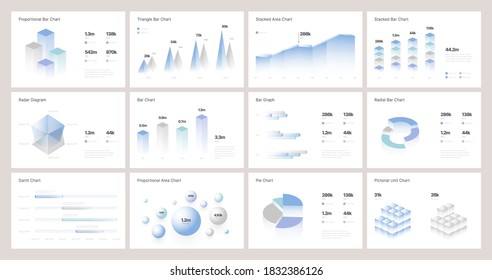 Infographic charts with isometric elements for business layout, presentation template and finance report. Data visualization with stock diagrams, statistic bars and charts.