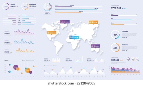 Infographic charts white. Globalization and international trade. Analytical department of multinational company. Statistics and information evaluation, analysis. Cartoon flat vector illustration