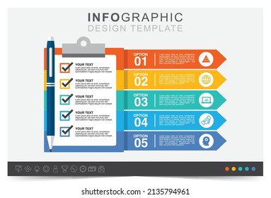 Infographic check list, financial element, management to target, work plan, business data, icon set, Vector illustration design concept in postcard template