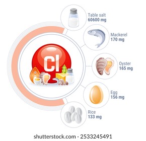 Infographic of Chlorine, mineral Cl as food macronutrient. Concept of healthy nutrition with icons of vitamin pill with chlorine symbol, egg, fish, salt and oyster, vector illustration
