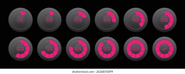 Círculo infográfico com 0 a 100 por cento indicador na cor rosa e cinza. Conjunto de diagramas de porcentagem de círculo para infográficos 0 10 20 30 40 50 60 70 80 90 100 por cento. Progresso do carregamento de círculo definido.