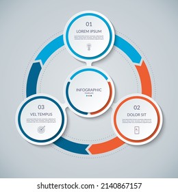 Infographic circle with 3 options, parts. 3-step vector template for business infographics. Process chart, cycle diagram for business presentation, report, brochure, web, data visualization.