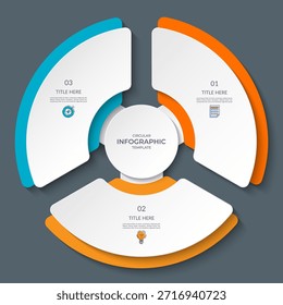 Círculo infográfico con 3 pasos, opciones. Gráfico redondo, diagrama de ciclo dividido en tres partes. Se puede utilizar para informes, análisis de negocios, visualización de datos, presentación, contenido educativo.