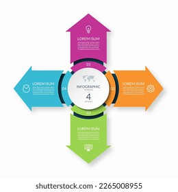 Circulo infográfico con 4 flechas dirigidas desde el centro. plantilla de vector colorido de 4 pasos para infografías empresariales.