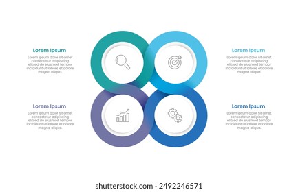 Círculo infográfico con 4 opciones. Presentación de negocios, planificación, marketing, estrategia e informe. Ilustración vectorial.