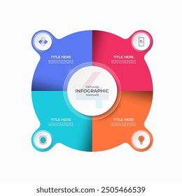 Infografik Kreis mit 4 Optionen, Teile. 4-stufige Vektorvorlage für Business-Infografiken. Prozessdiagramm, Zyklusdiagramm für Geschäftspräsentation, Bericht, Broschüre, Web, Datenvisualisierung.