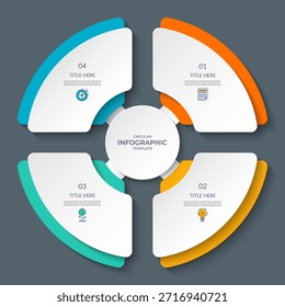 Círculo infográfico con 4 pasos, opciones. Gráfico redondo, diagrama de ciclo dividido en cuatro partes. Se puede utilizar para informes, análisis de negocios, visualización de datos, presentación, contenido educativo.