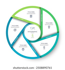 Infografik Kreis mit 5 Optionen. 5-stufiges Prozessdiagramm, Zyklusdiagramm. Kann zur Visualisierung von Daten, Geschäftspräsentationen, Berichten, Broschüren, Webdesign verwendet werden.