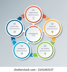 Infographic circle with 5 options, parts. 5-step vector template for business infographics. Process chart, cycle diagram for business presentation, report, brochure, web, data visualization.