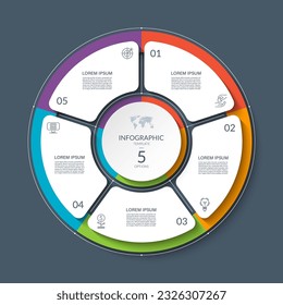 Circulo infográfico con 5 opciones, partes. diagrama de ciclo de 5 pasos para infografías empresariales. Gráfico de procesos, plantilla vectorial para presentación, informe, folleto, web, visualización de datos.