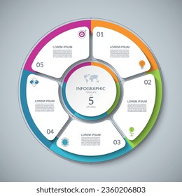 Circulo infográfico con 5 opciones, partes. diagrama de ciclo de 5 pasos para infografías empresariales. Gráfico de procesos, plantilla vectorial para presentación, informe, folleto, web, visualización de datos.