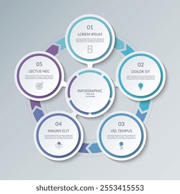 Infographic circle with 5 options, parts. 5-step vector template for business infographics. Process chart, cycle diagram for business presentation, report, brochure, web, data visualization.