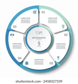 Infographic circle with 5 steps, options, parts. Process chart, cycle diagram, vector template for presentation, report, brochure, web, data visualization.