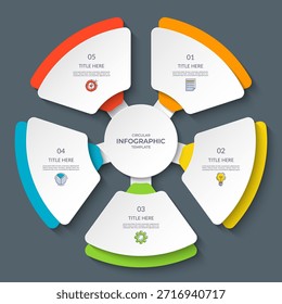 Círculo infográfico con 5 pasos, opciones. Gráfico redondo, diagrama de ciclo dividido en cinco partes. Se puede utilizar para informes, análisis de negocios, visualización de datos, presentación, contenido educativo.