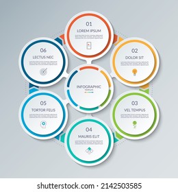Circulo infográfico con 6 opciones, partes. plantilla vectorial de 6 pasos para infografías empresariales. Diagrama de procesos, diagrama de ciclos para presentación de negocios, informe, folleto, web, visualización de datos.