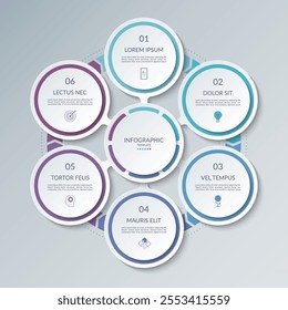 Infographic circle with 6 options, parts. 6-step vector template for business infographics. Process chart, cycle diagram for business presentation, report, brochure, web, data visualization.