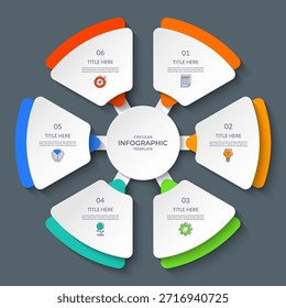 Círculo de infografía con 6 pasos, opciones. Gráfico redondo, diagrama de ciclo dividido en seis partes. Se puede utilizar para informes, análisis de negocios, visualización de datos, presentación, contenido educativo.