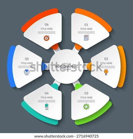 Infographic circle with 6 steps, options. Round chart, cycle diagram divided into six parts. Can be used for report, business analytics, data visualization, presentation, educational content.