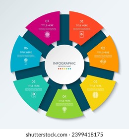 Infographic circle with 7 options, parts. 7-step cycle diagram for business infographics. Process chart, vector template for presentation, report, brochure, web, data visualization.