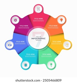 Círculo infográfico con 7 opciones, partes. Plantilla de Vector de 7 pasos para infografías de negocios. Gráfico de procesos, diagrama de ciclos para presentación de negocios, informe, folleto, Web, visualización de datos.