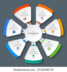 Infographic circle with 7 steps, options. Round chart, cycle diagram divided into seven parts. Can be used for report, business analytics, data visualization, presentation, educational content.