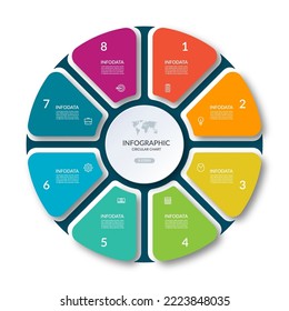 Infographic circle with 8 options, parts. 8-step vector template for business infographics. Process chart, cycle diagram for business presentation, report, brochure, web, data visualization.