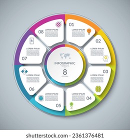 Infographic circle with 8 options, parts. 8-step cycle diagram for business infographics. Process chart, vector template for presentation, report, brochure, web, data visualization.