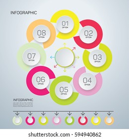 Infographic circle with 8 options. Round chart for business infographics with the set of flat icons and design elements. Can be used for web, diagram, chart, graph, report, step options.