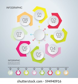 Infographic circle with 8 options. Round chart for business infographics with the set of flat icons and design elements. Can be used for web, diagram, chart, graph, report, step options.